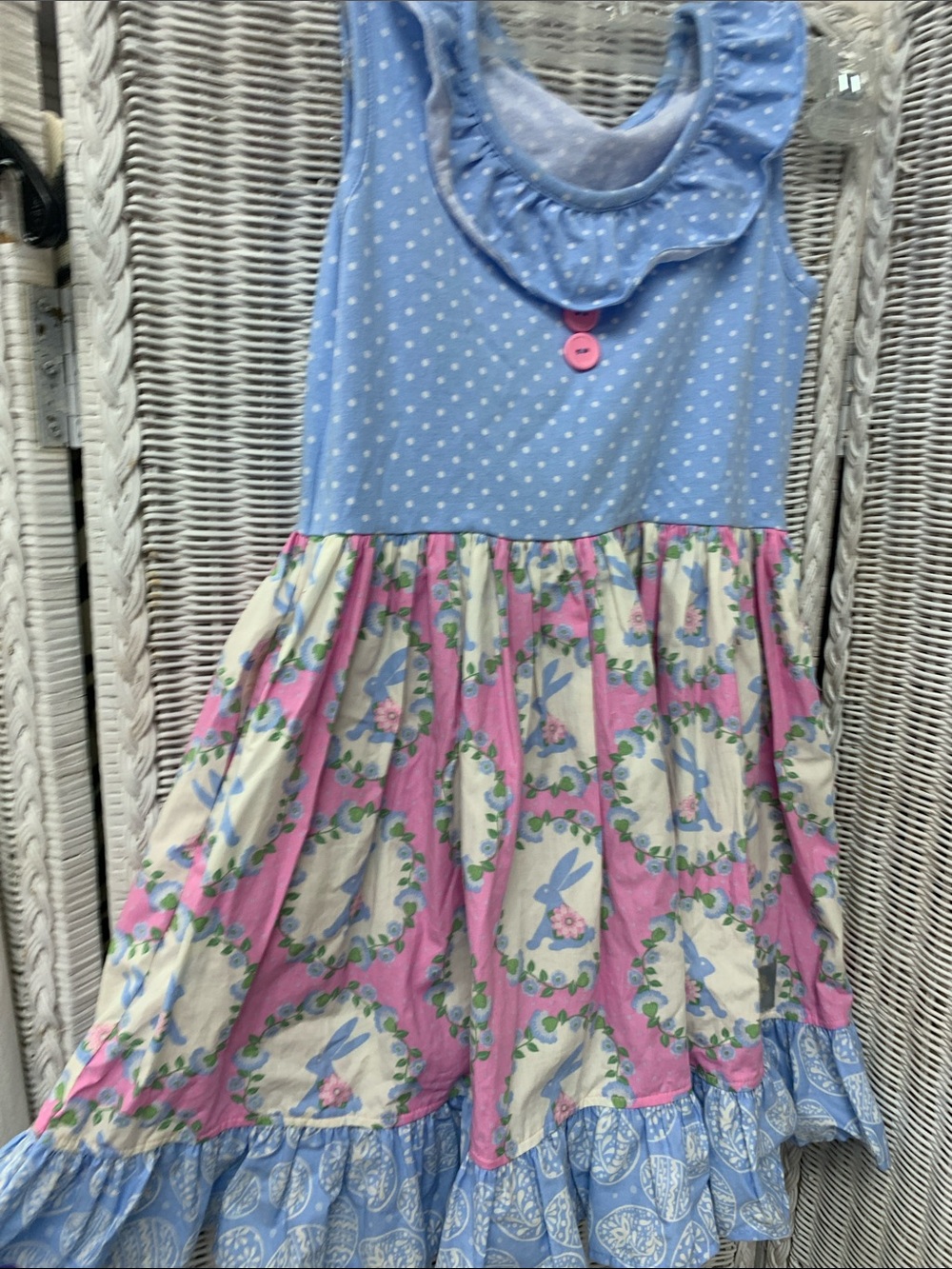 Sleeveless Blue & Pink Bunny Print Ruffle Dress for Girls